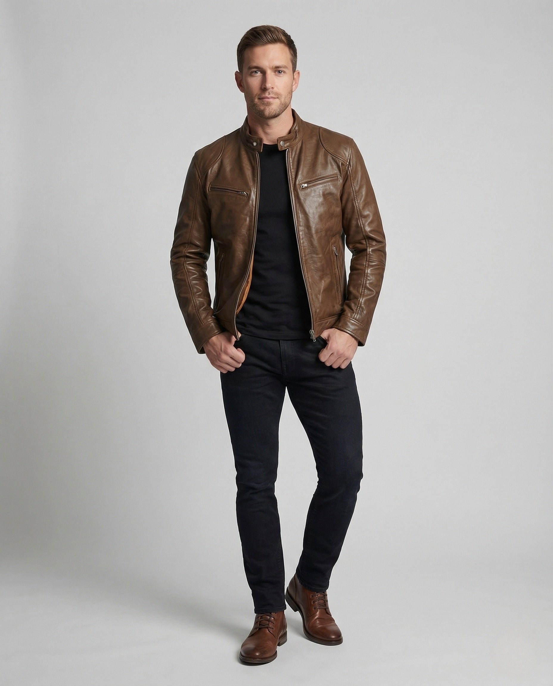 Giacca Uomo in Pelle Stile Racer Collo Alto - Brentozzi