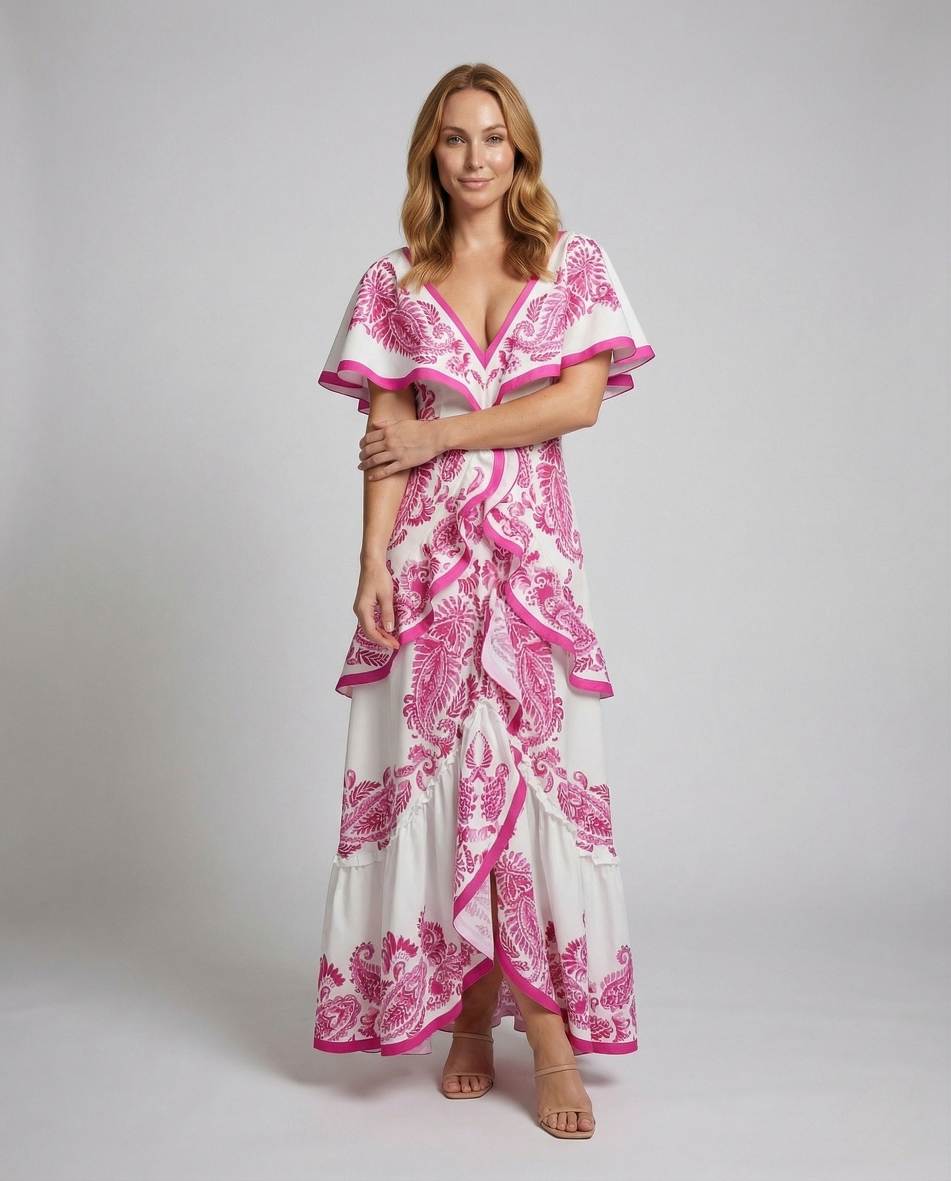 Abito Maxi Donna Scollo a V con Volant - Brentozzi