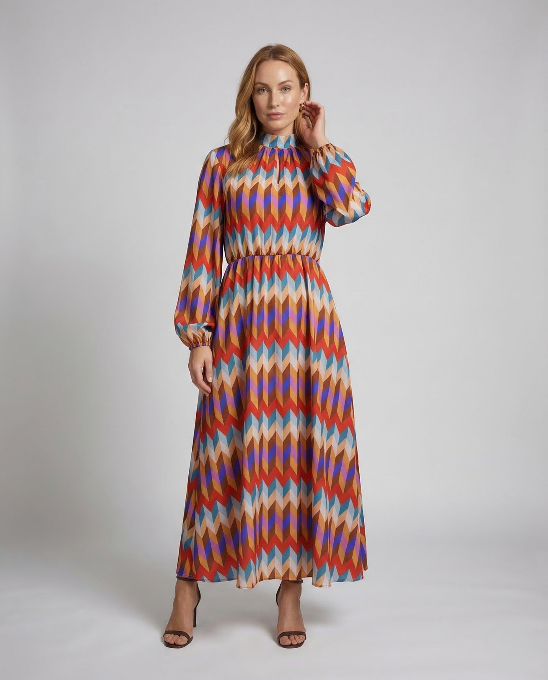 Abito Maxi Donna Collo Alto Maniche a Palloncino Cintura - Brentozzi