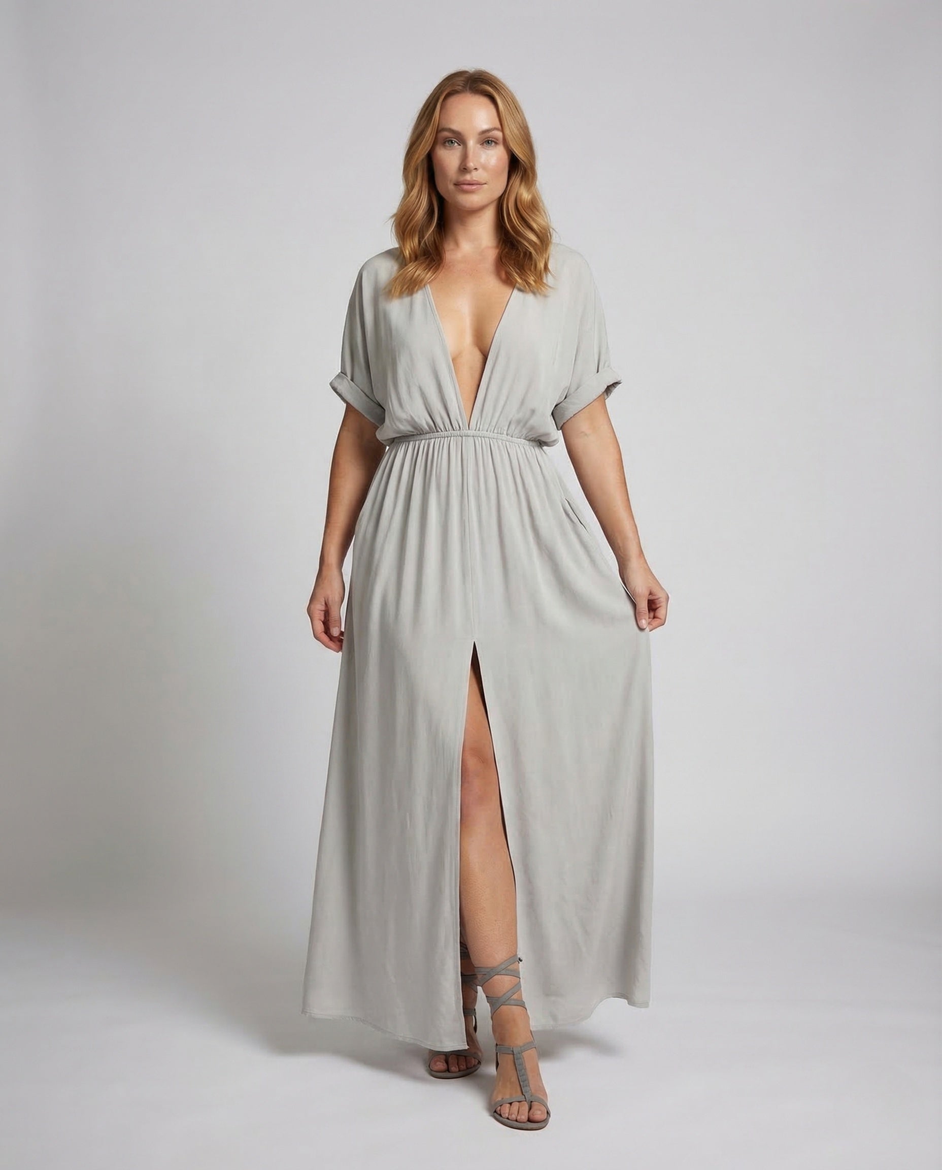 Abito Maxi Donna Scollo a V Spacco Elastico in Vita - Brentozzi