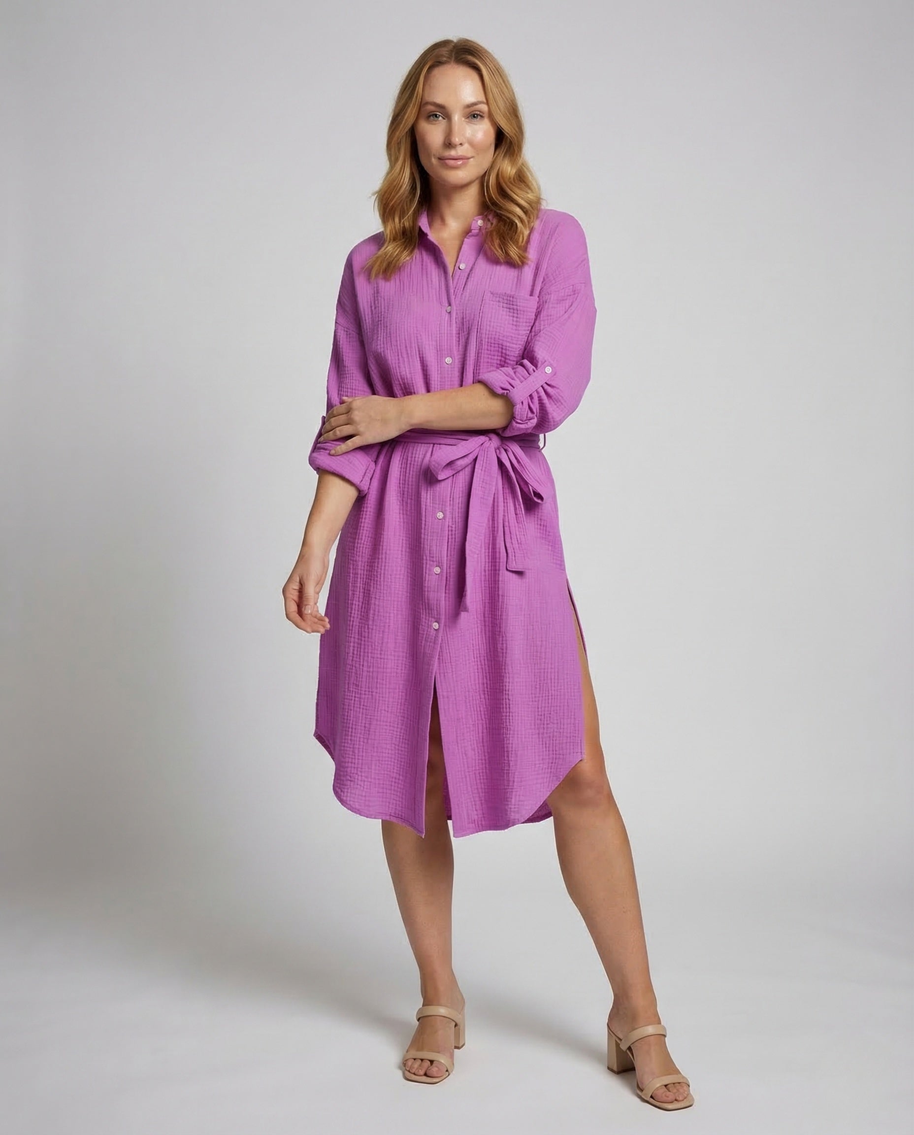 Abito Camicia Donna in Mussola con Cintura e Spacco - Brentozzi