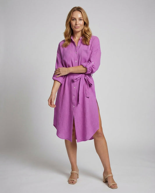 Abito Camicia Donna in Mussola con Cintura e Spacco - Brentozzi