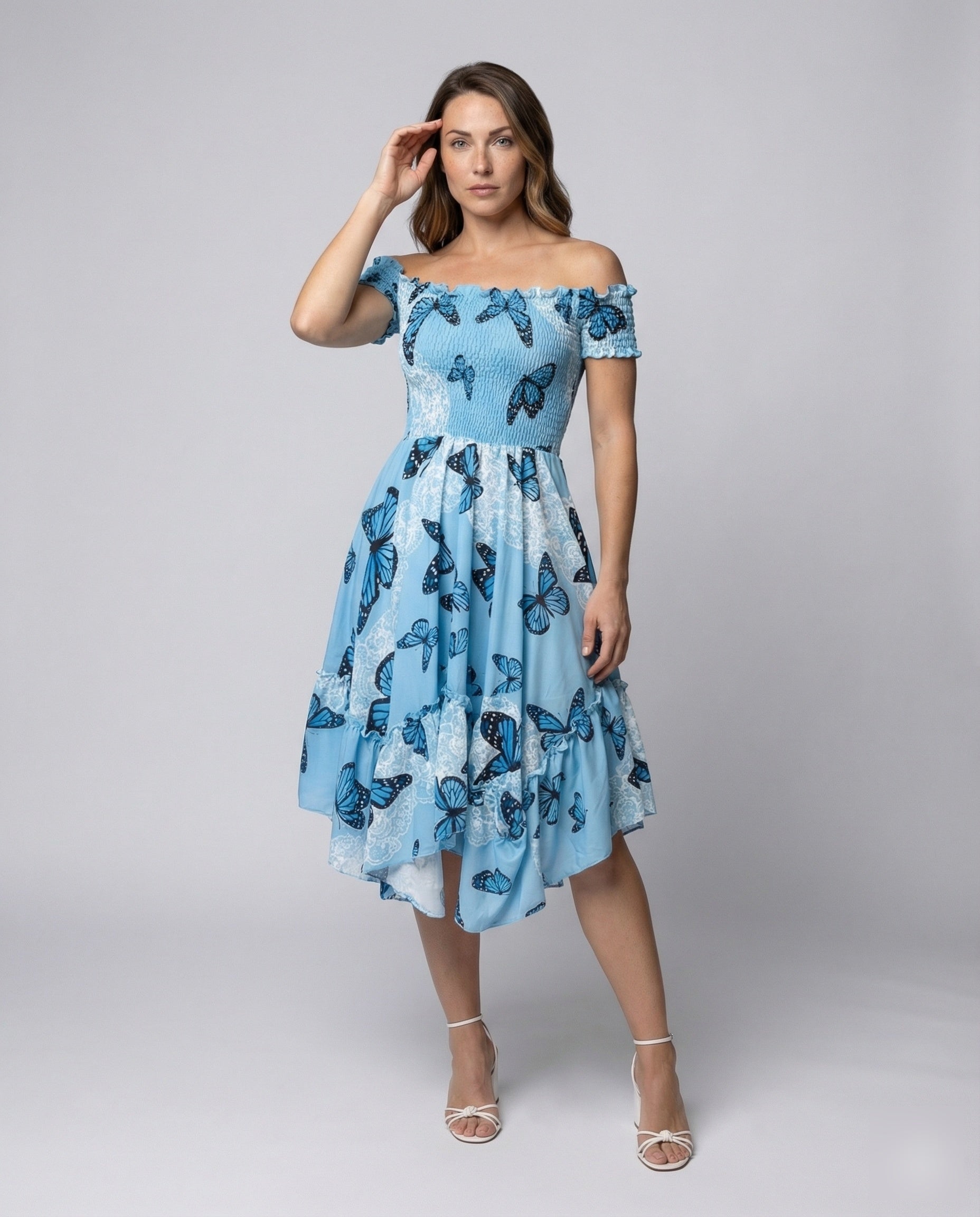 Abito Midi Donna Stampa Farfalle Gonna a Volant - Brentozzi
