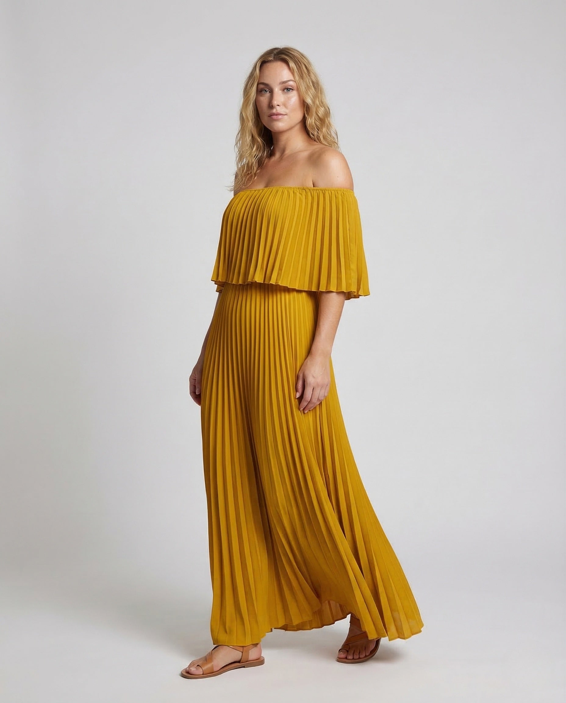 Abito Maxi Donna Plissé Scollo Bardot con Volant - Brentozzi