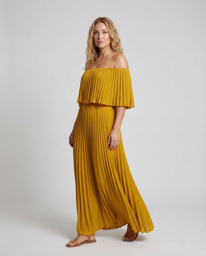 Abito Maxi Donna Plissé Scollo Bardot con Volant - Brentozzi