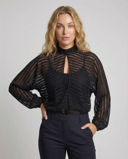 Blusa Donna in Chiffon Trasparente Collo Alto Manica a Palloncino - Brentozzi