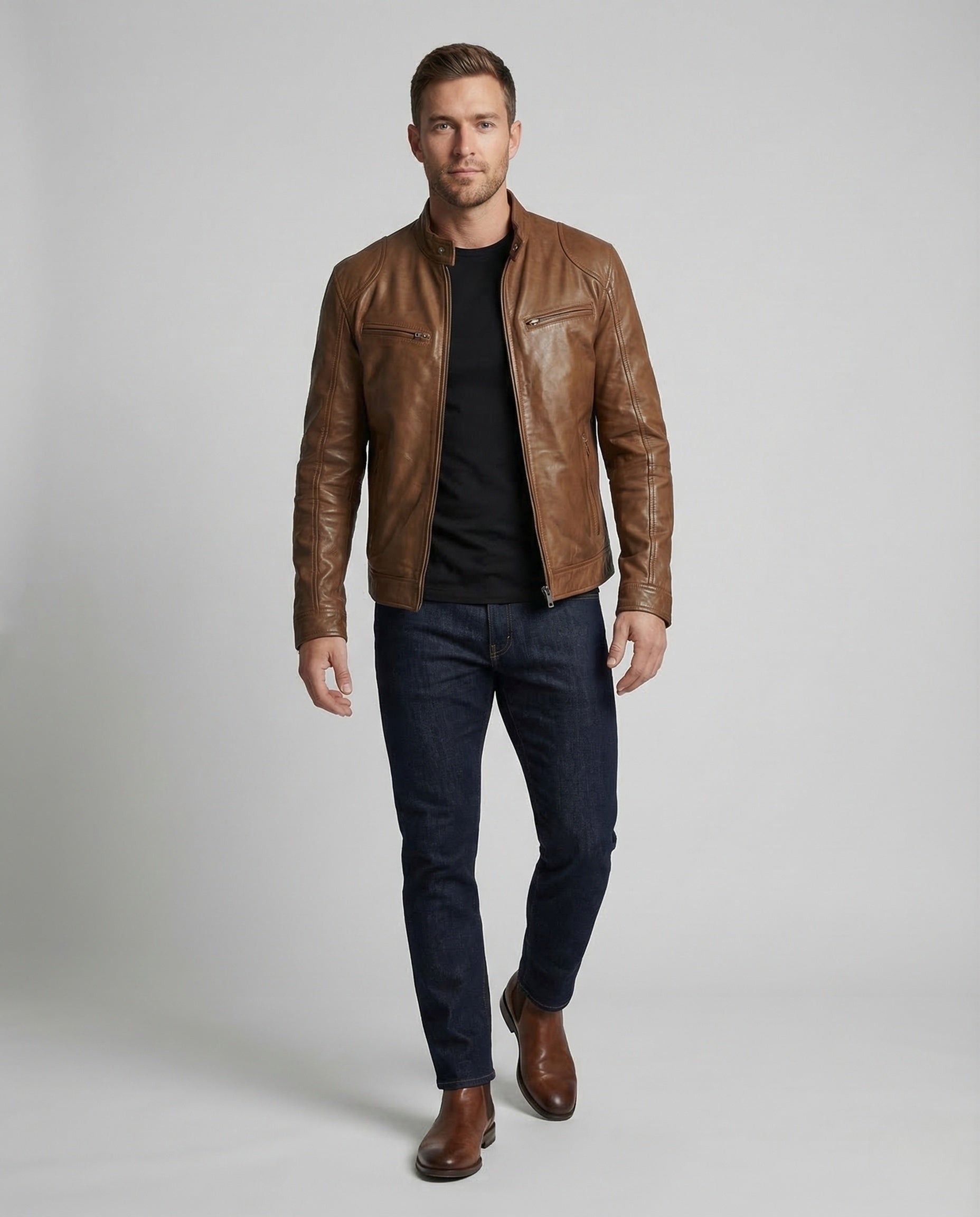 Giacca Biker Uomo in Pelle Collo a Coreana - Brentozzi