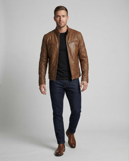 Giacca Biker Uomo in Pelle Collo a Coreana - Brentozzi