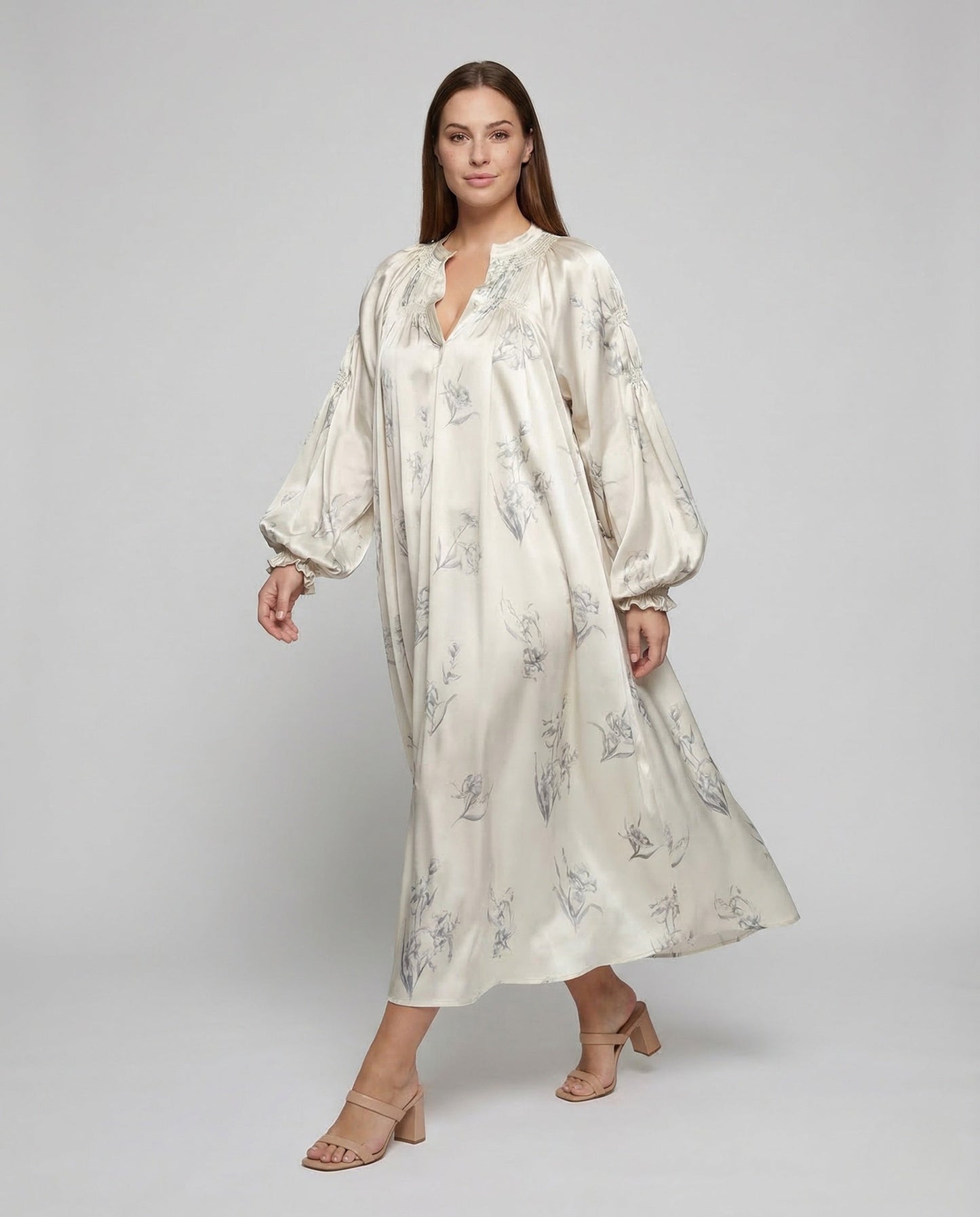 Abito Maxi Donna in Satin Manica a Palloncino Floreale - Brentozzi