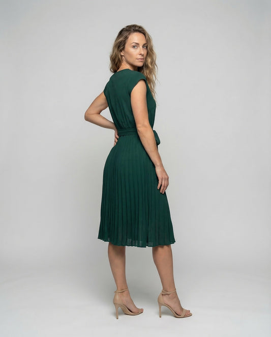 Abito Midi Donna Plissé con Cintura Scollo Tondo - Brentozzi