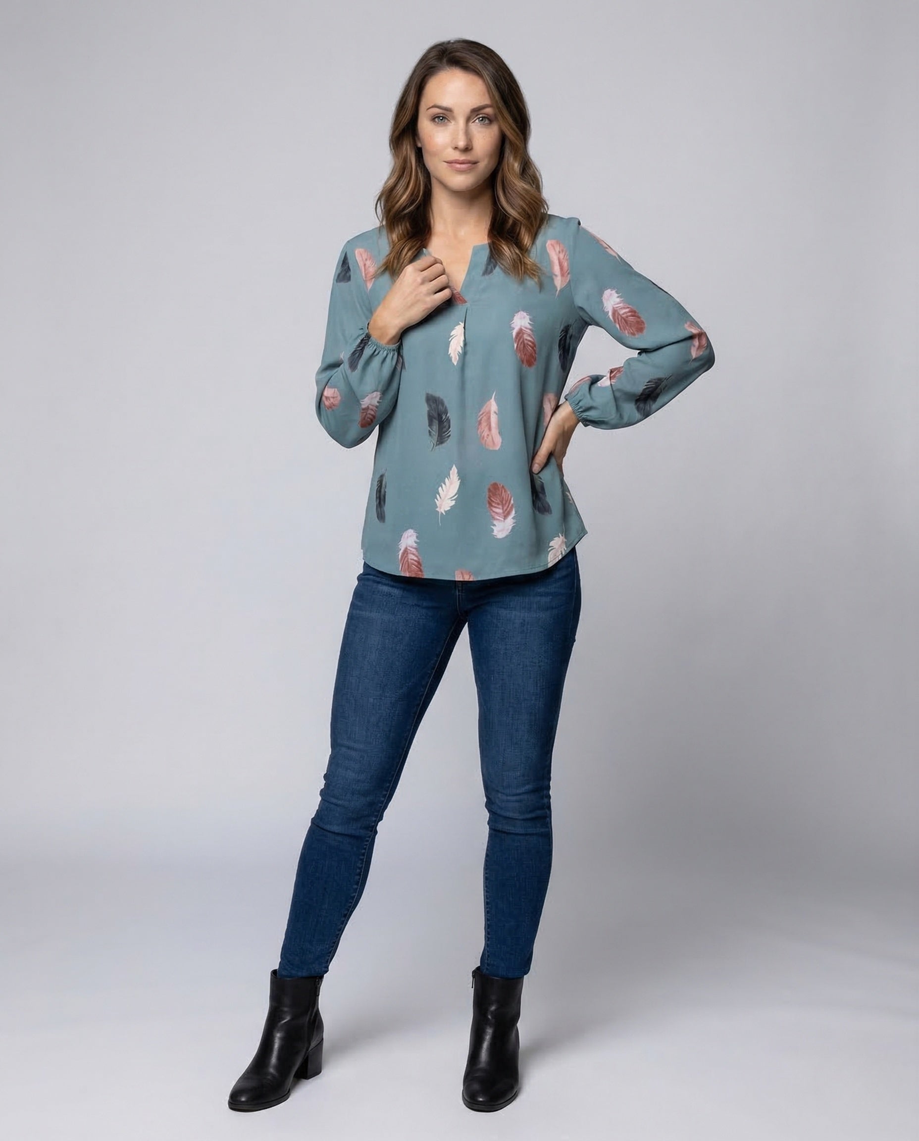 Blusa Donna in Chiffon con Maniche a Palloncino e Motivo Piume - Brentozzi