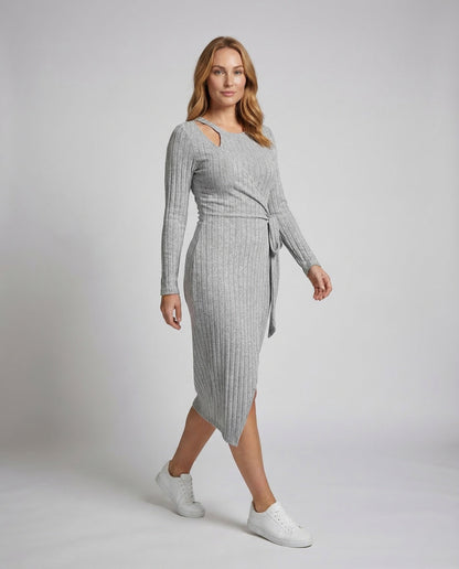 Abito Midi Donna in Maglia Costina con Dettaglio Incrociato e Spacco - Brentozzi