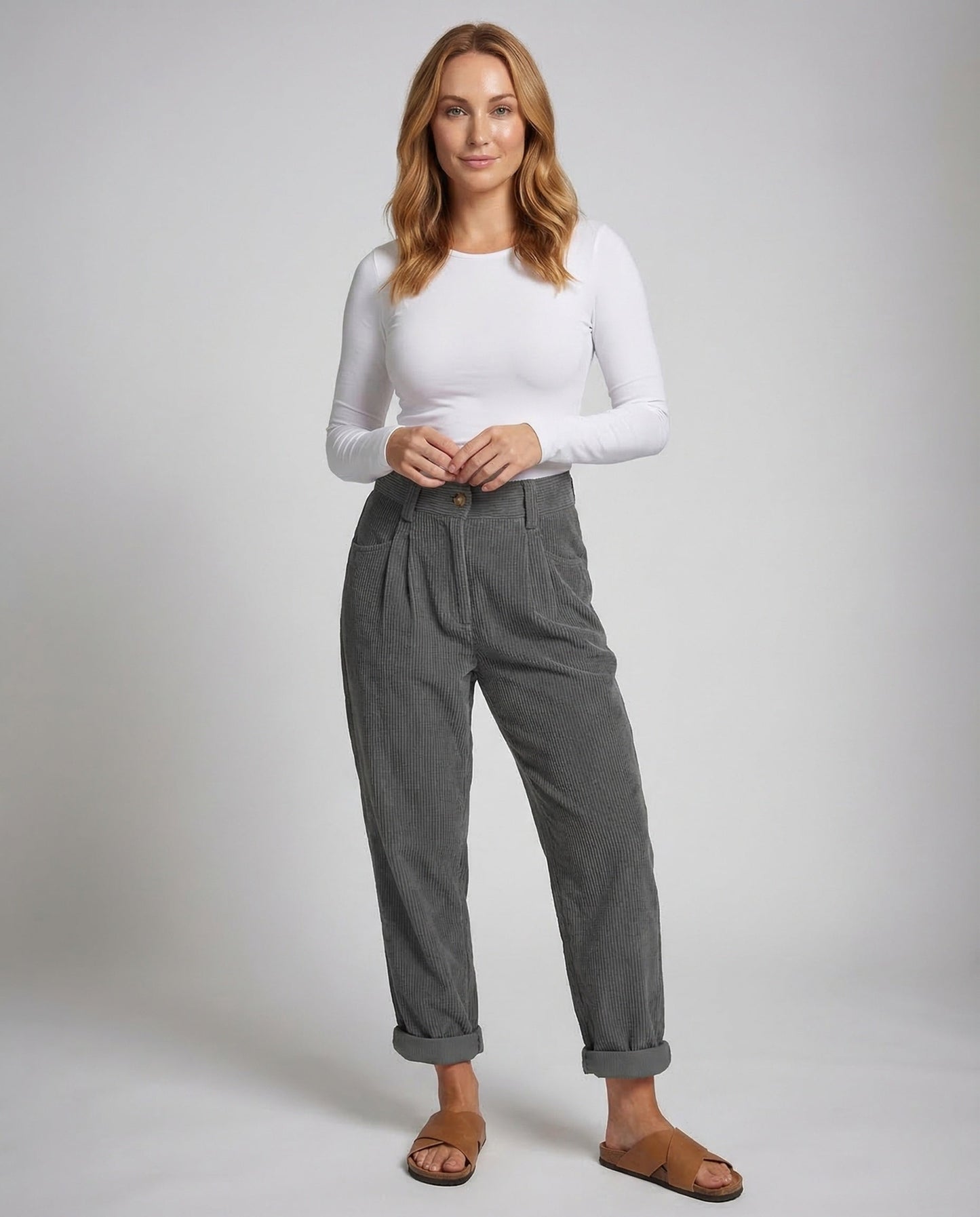 Pantaloni Donna in Cotone Vita Alta Risvolto - Brentozzi
