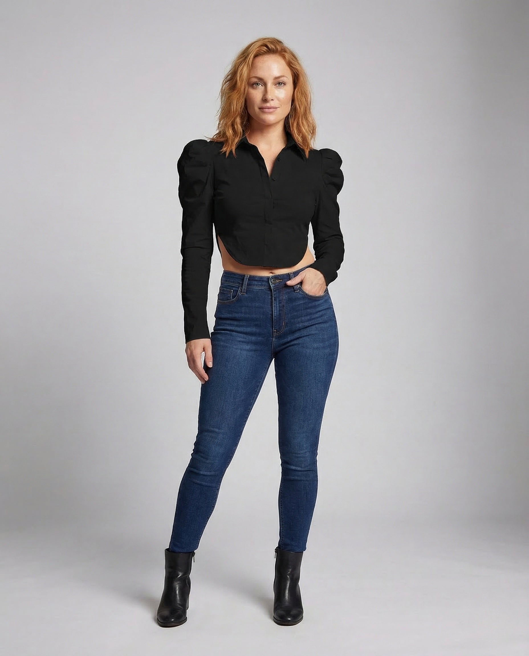 Blusa Crop Donna in Tessuto con Maniche a Sbuffo e Cut Out - Brentozzi