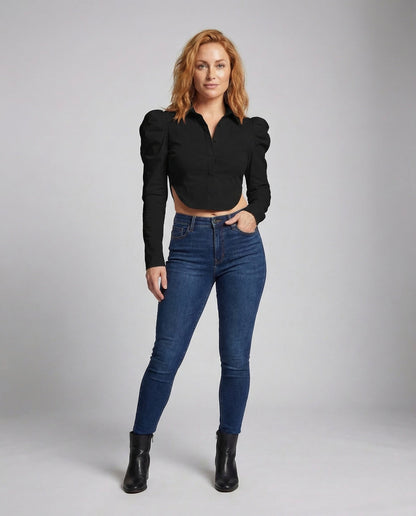 Blusa Crop Donna in Tessuto con Maniche a Sbuffo e Cut Out - Brentozzi