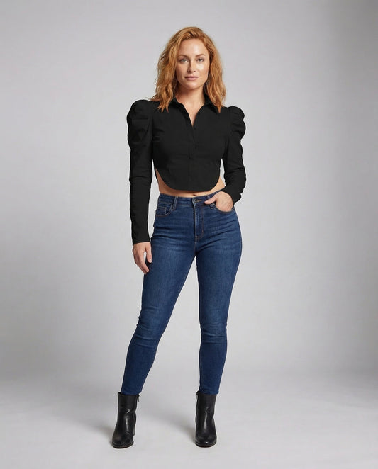 Blusa Crop Donna in Tessuto con Maniche a Sbuffo e Cut Out - Brentozzi
