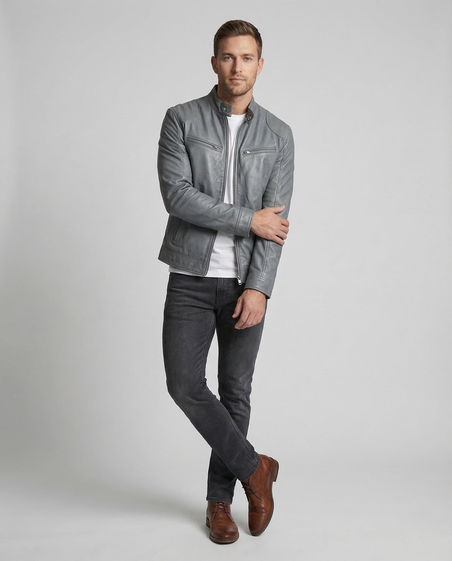 Giacca Pelle Uomo Slim Collo Coreana - Brentozzi