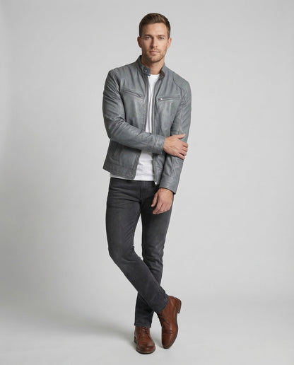Giacca Pelle Uomo Slim Collo Coreana - Brentozzi