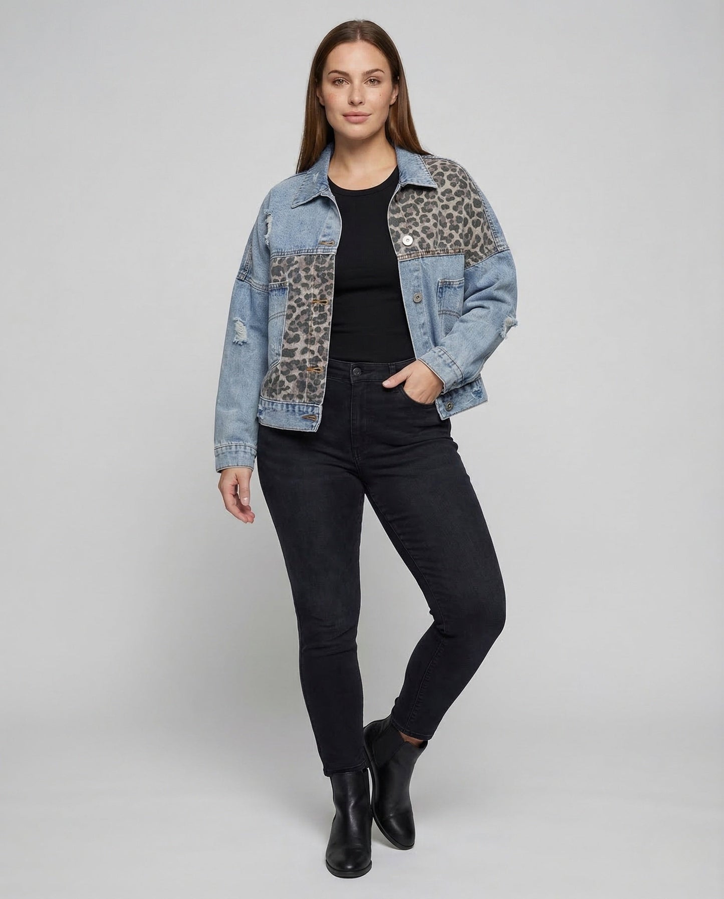 Giacca Jeans Donna Oversize Dettaglio Leopardo Effetto Used - Brentozzi