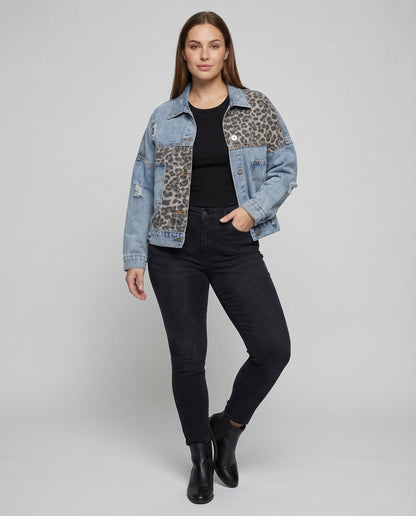 Giacca Jeans Donna Oversize Dettaglio Leopardo Effetto Used - Brentozzi