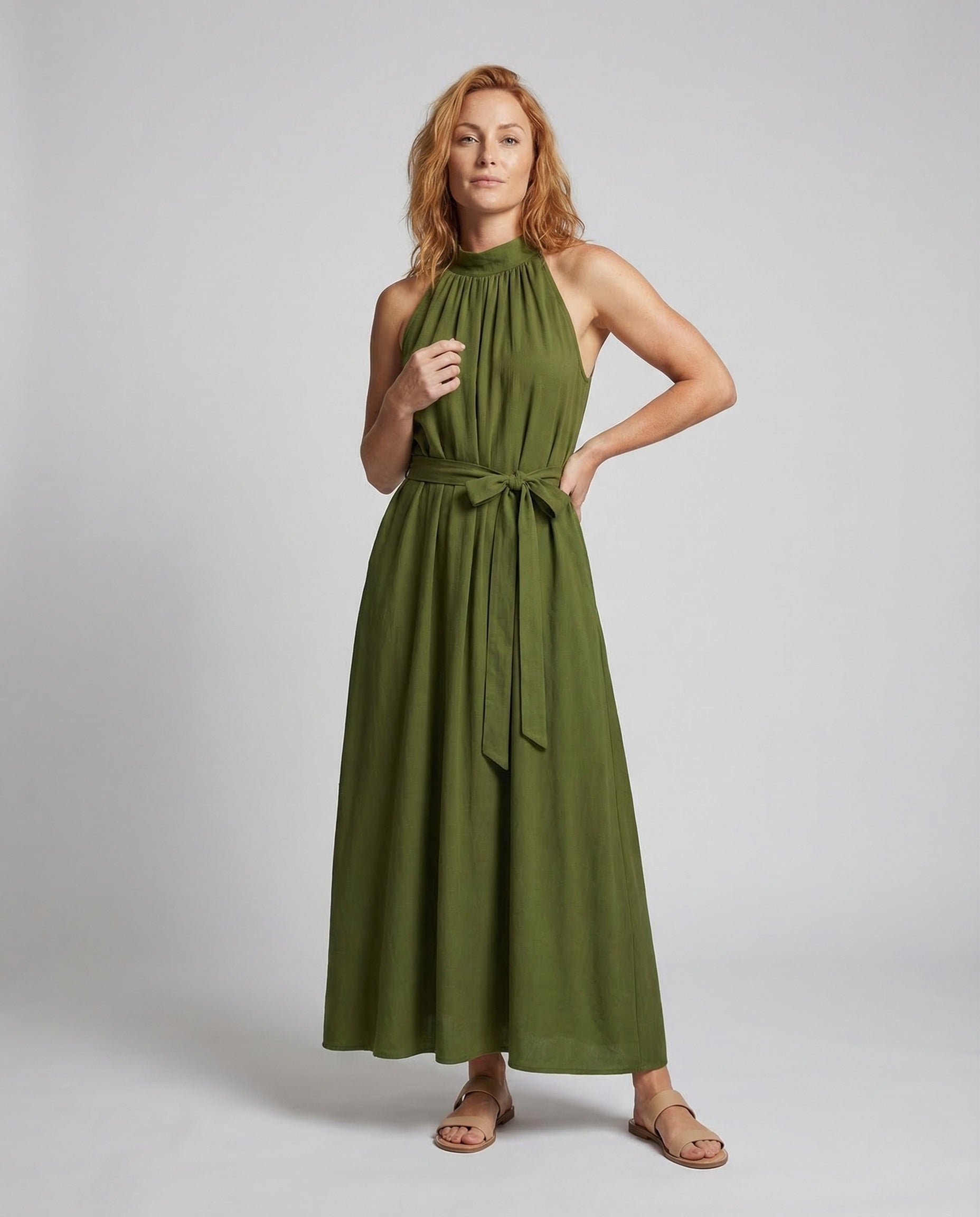 Abito Maxi Donna Collo Alto Effetto Lino - Brentozzi