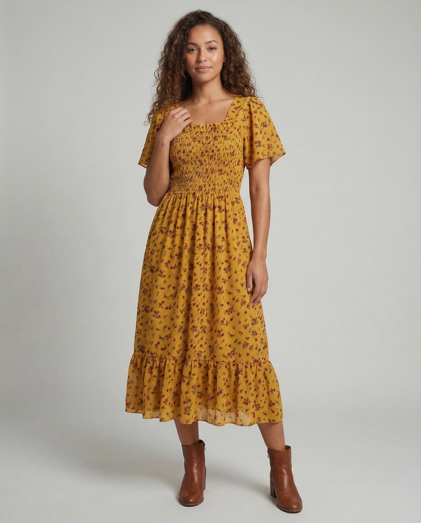 Abito Midi Donna in Cotone con Maniche a Sbuffo e Smock - Brentozzi