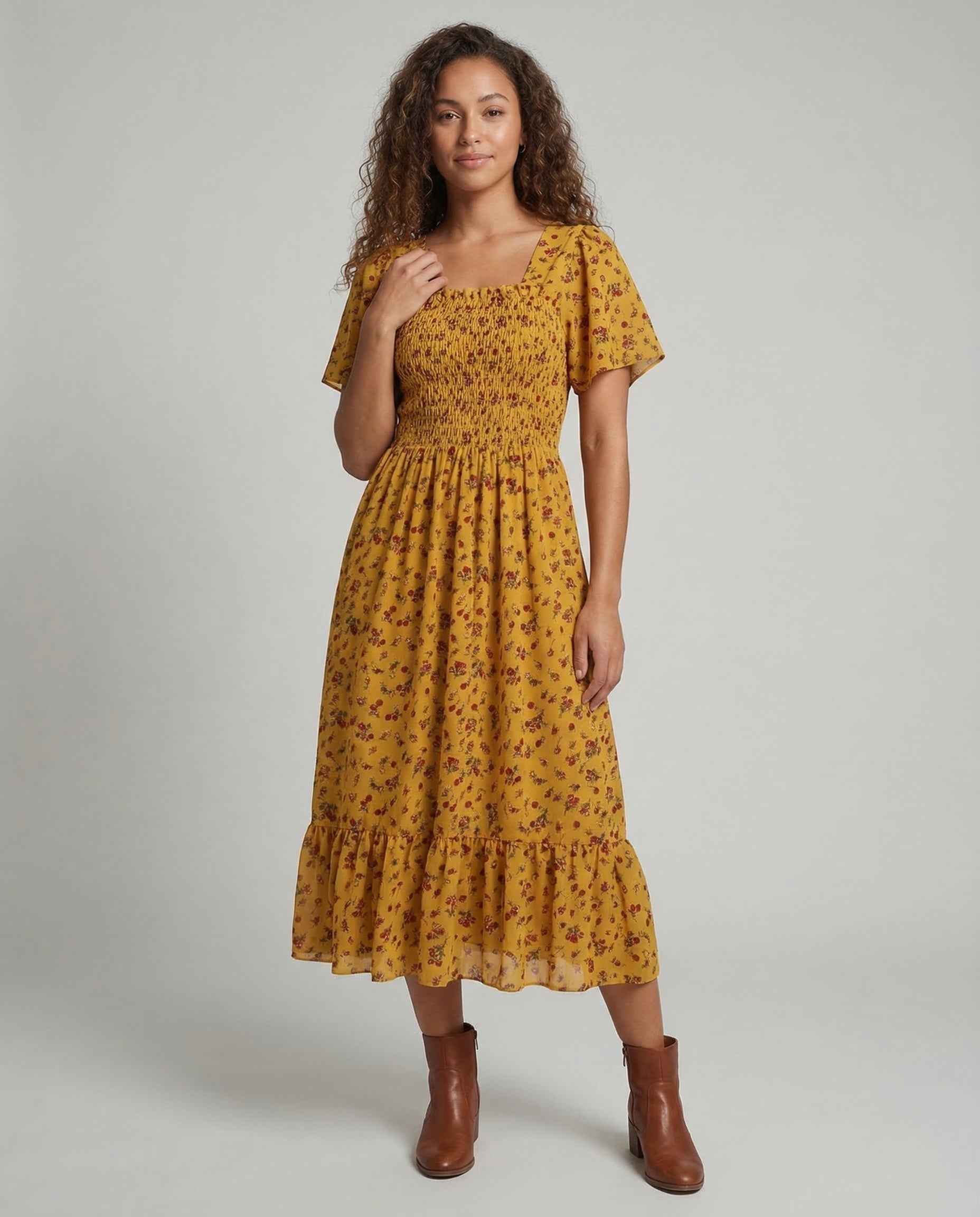 Abito Midi Donna in Cotone con Maniche a Sbuffo e Smock - Brentozzi