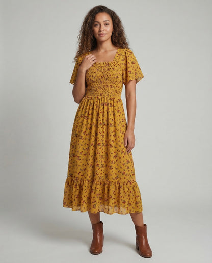 Abito Midi Donna in Cotone con Maniche a Sbuffo e Smock - Brentozzi