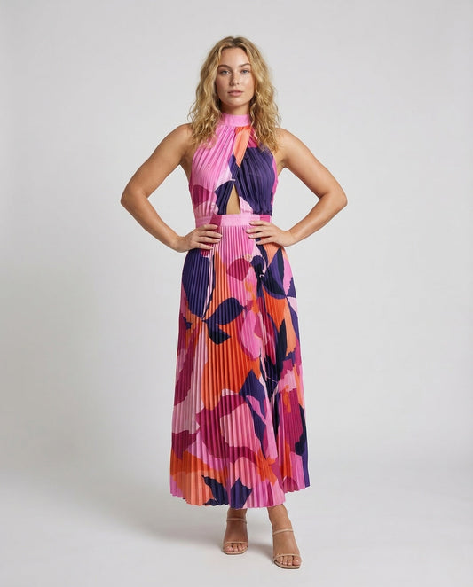 Abito Maxi Donna Plissé Collo Alto - Brentozzi