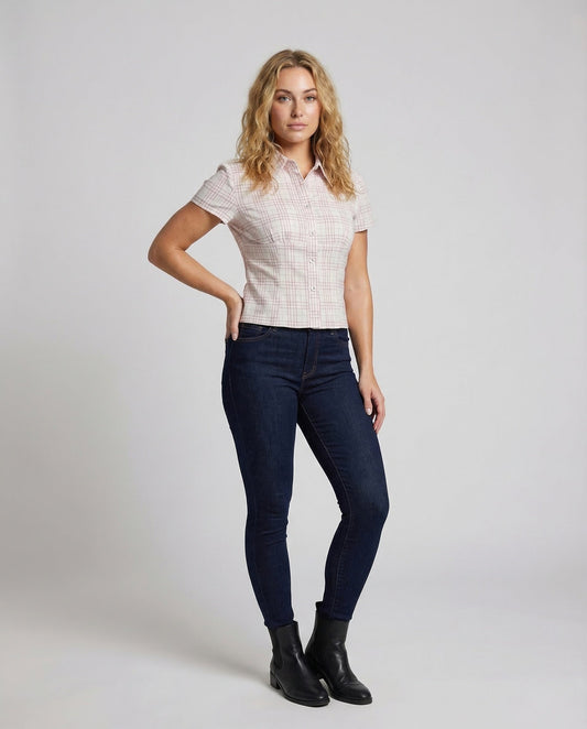 Blusa Donna Manica Corta Cotone Fantasia Quadri Colletto Classico - Brentozzi