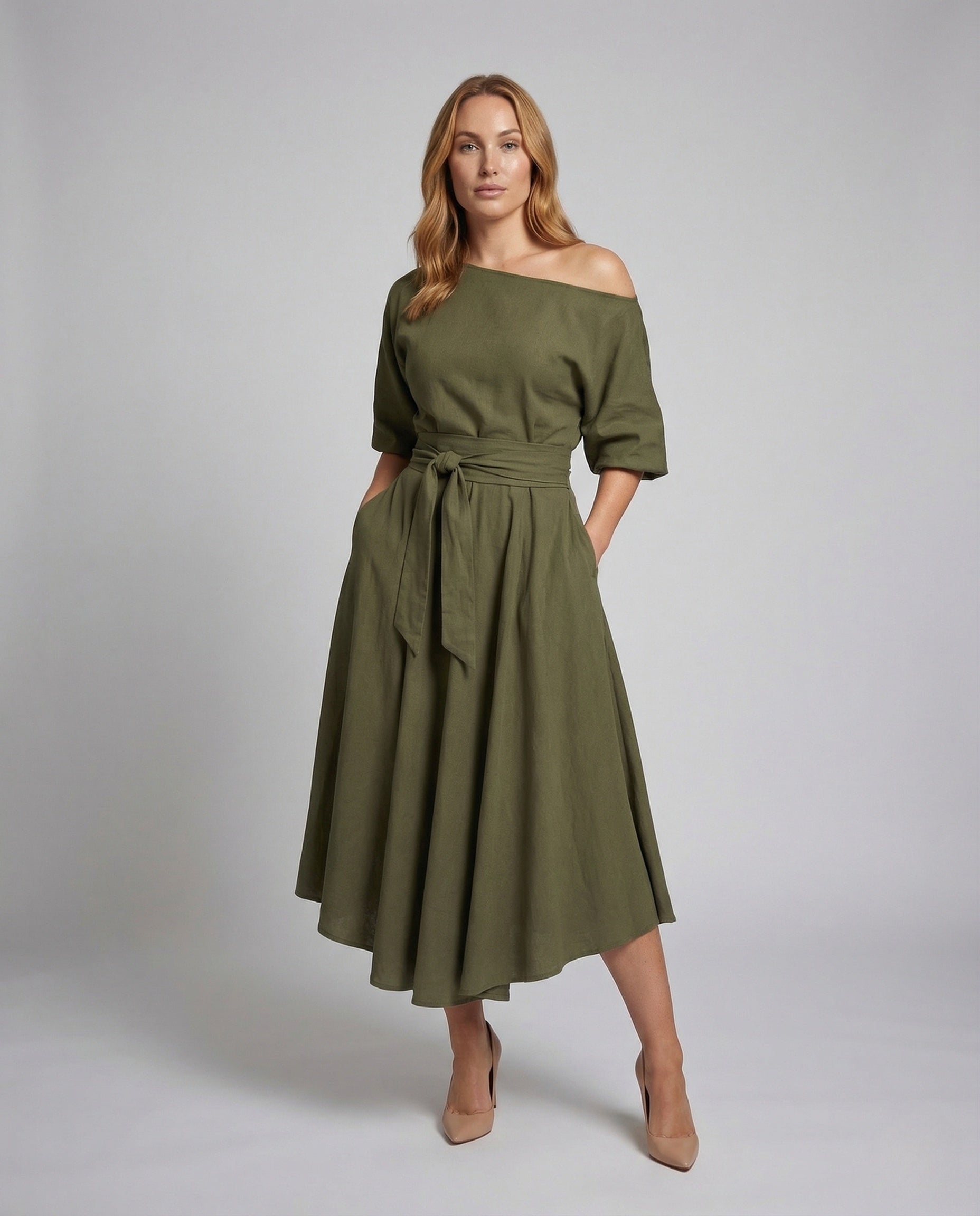 Abito Midi Donna Scollo Spalle Scoperte con Cintura - Brentozzi