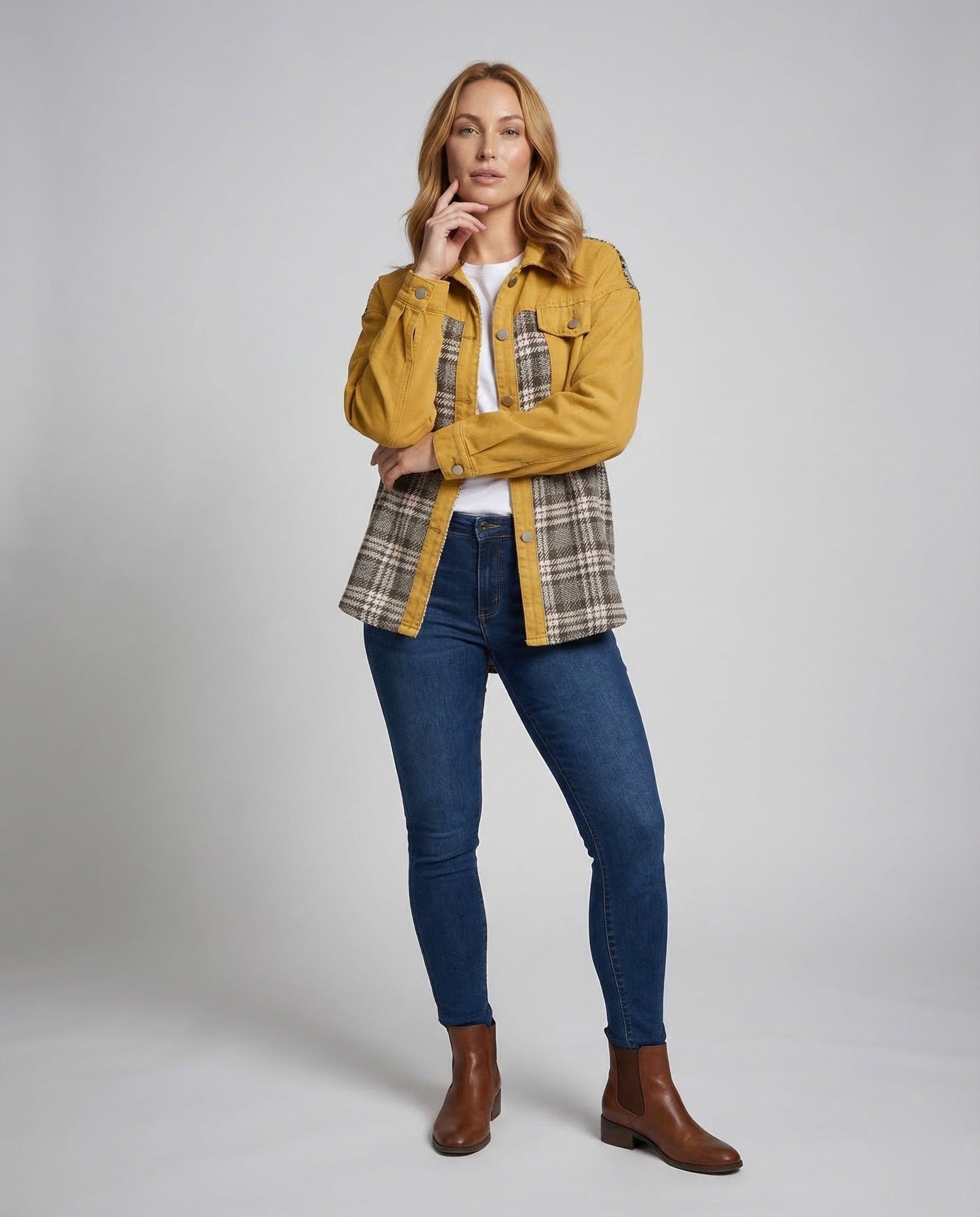 Giacca Jeans Donna Oversize Inserti a Quadri - Brentozzi