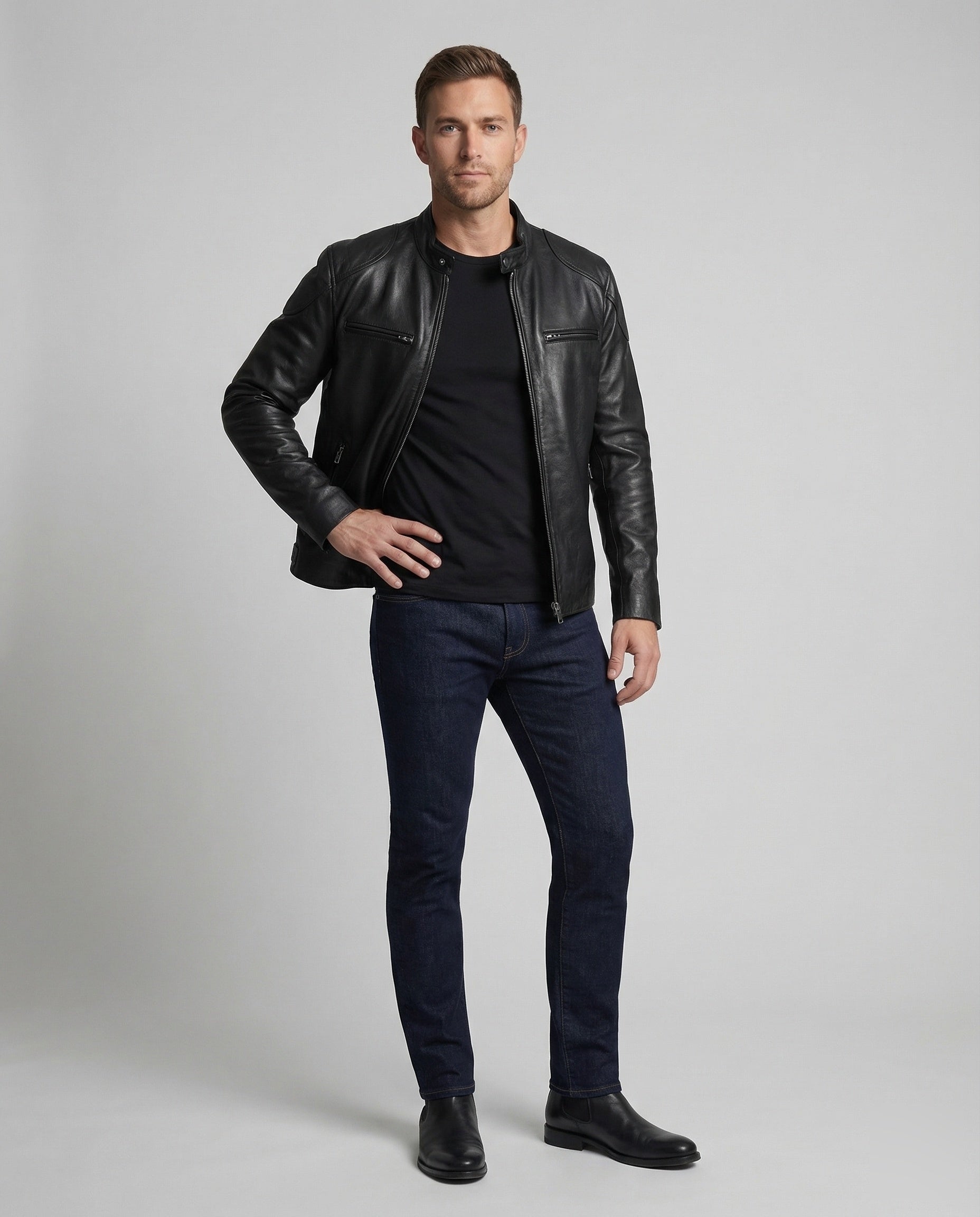 Giacca Biker Uomo in Pelle Vera Collo a Lupetto - Brentozzi