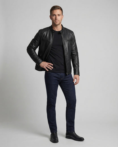Giacca Biker Uomo in Pelle Vera Collo a Lupetto - Brentozzi