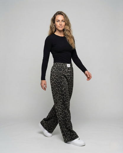 Pantaloni Palazzo Donna in Satin Stampa Animalier Ampia - Brentozzi