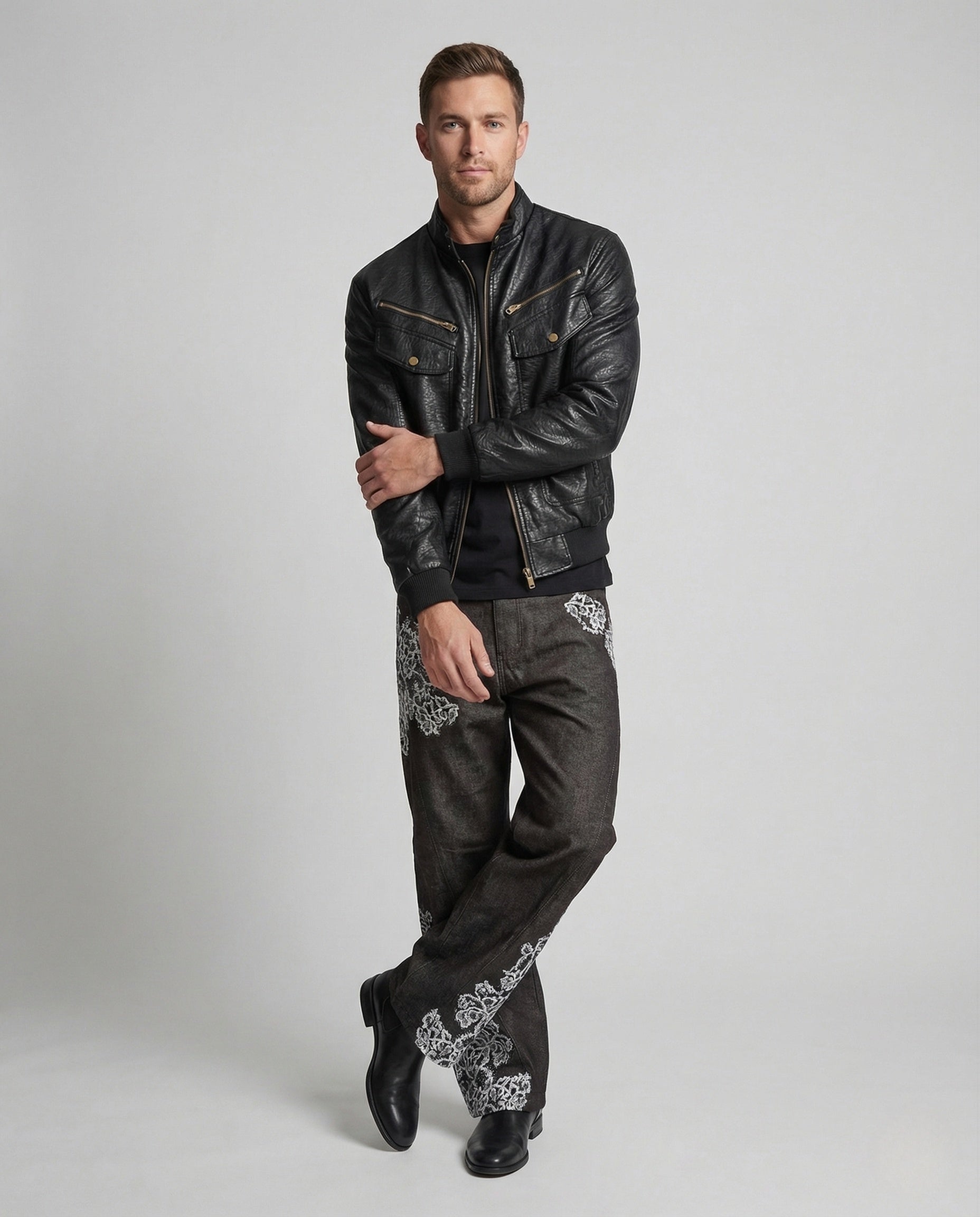 Giubbotto Biker Uomo Effetto Pelle Collo Alto - Brentozzi