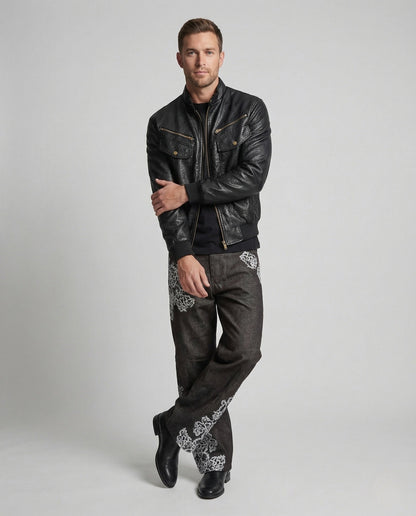 Giubbotto Biker Uomo Effetto Pelle Collo Alto - Brentozzi