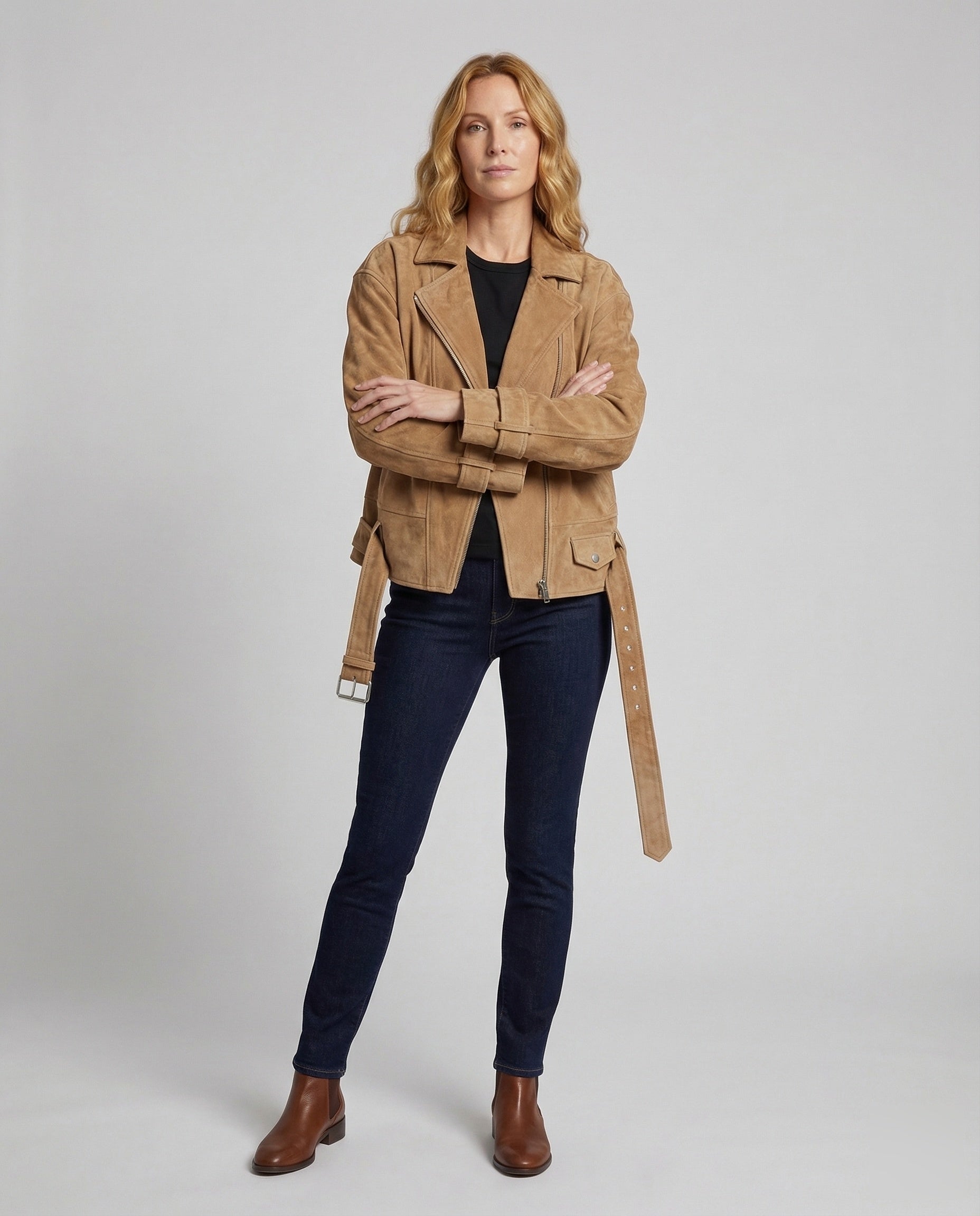 Giacca Biker Donna in Pelle Scamosciata con Cintura - Brentozzi
