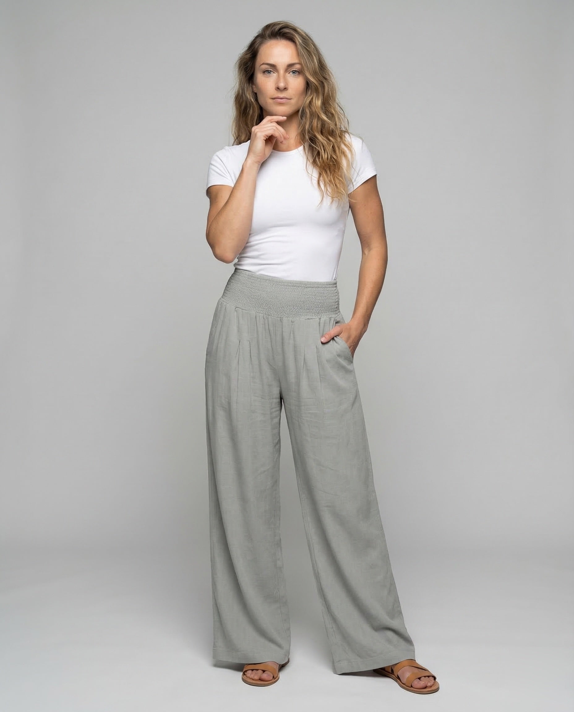 Pantaloni Palazzo Donna Lino Vita Elasticizzata - Brentozzi