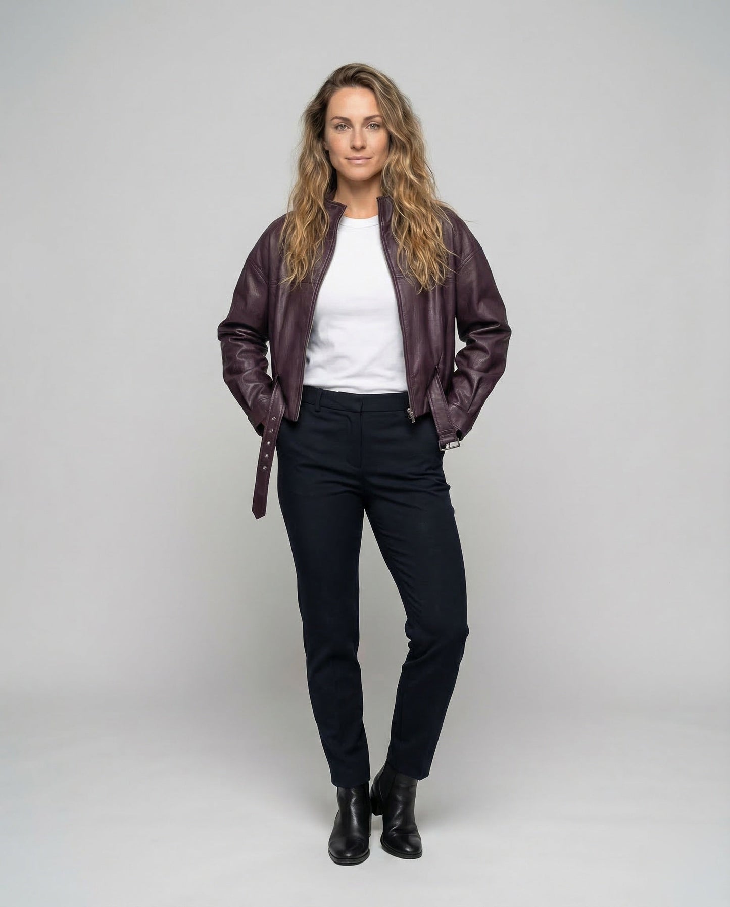 Giacca Donna in Pelle Collo Alto Ampia con Cintura - Brentozzi