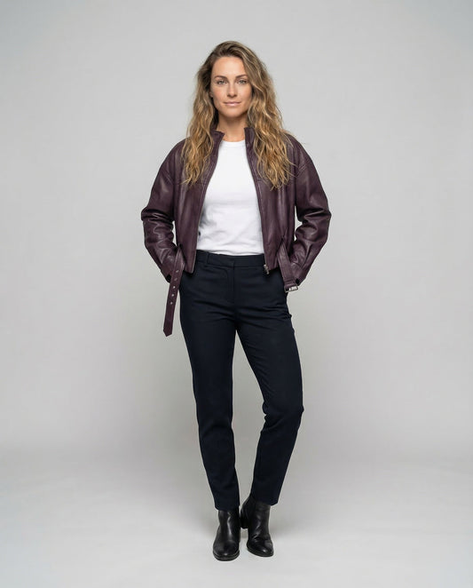 Giacca Donna in Pelle Collo Alto Ampia con Cintura - Brentozzi