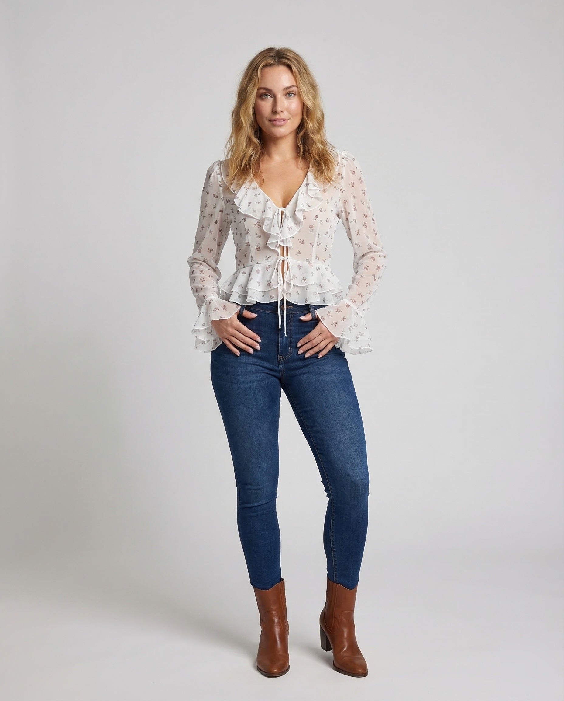 Blusa Donna in Chiffon Collo con Volant e Arricciatura - Brentozzi