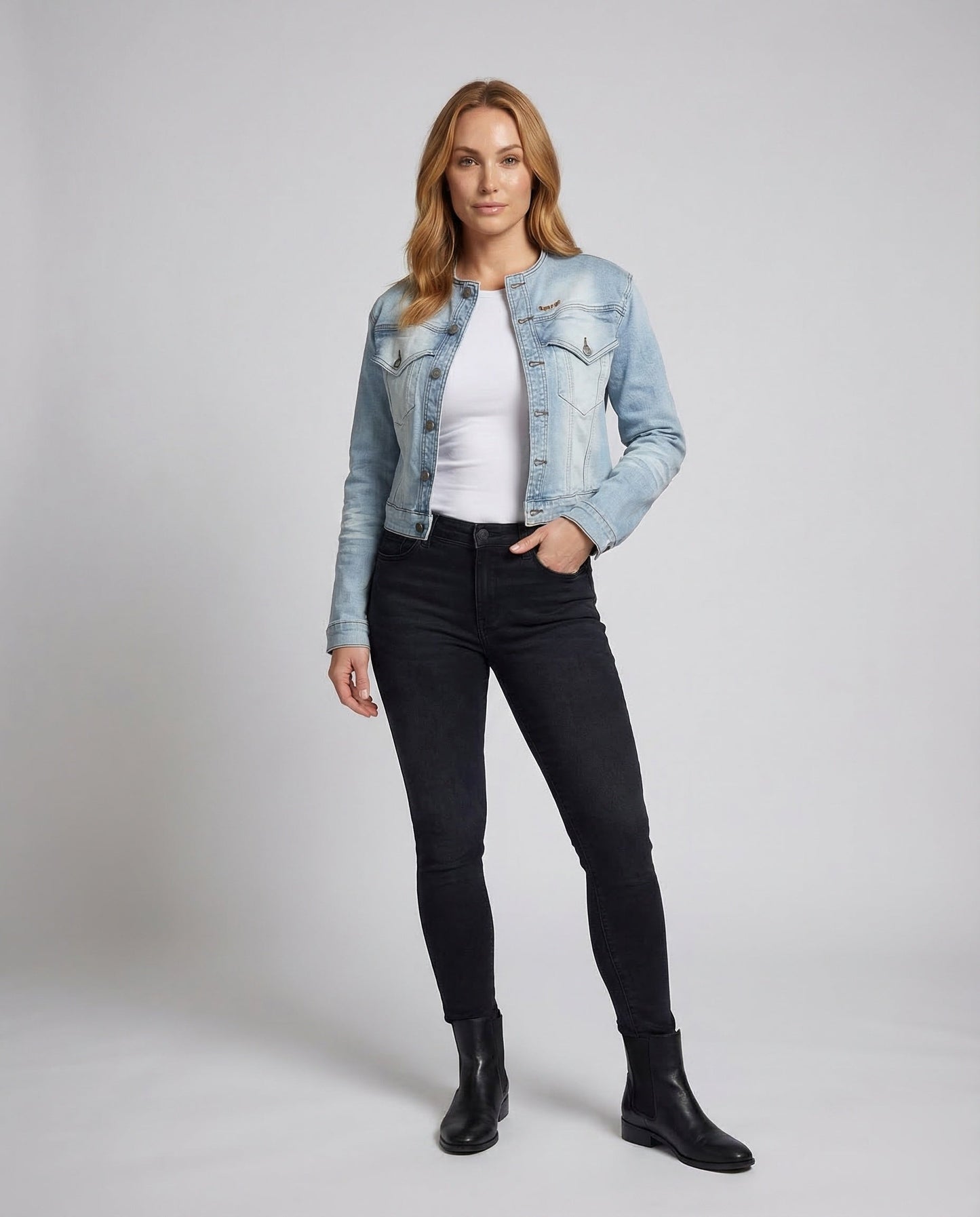 Giacca Denim Donna Cropped Collo Alto - Brentozzi