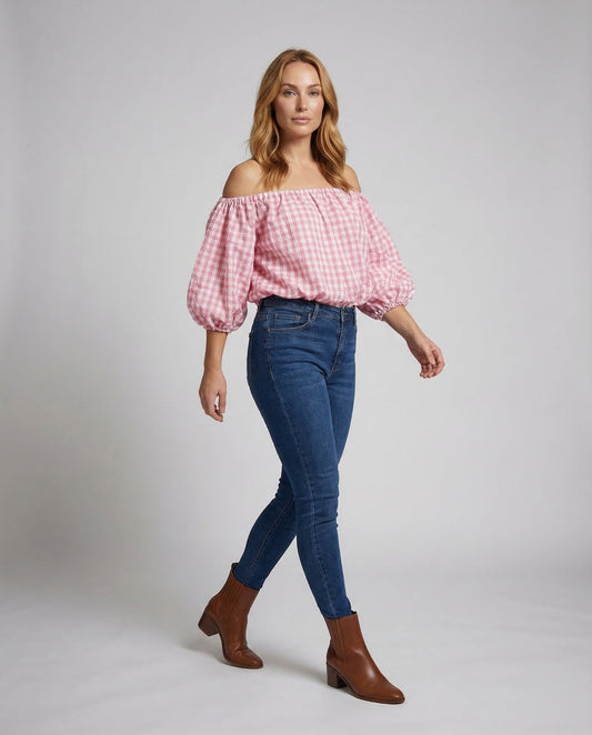 Blusa Donna Scollatura Spalle Scoperte Fantasia Quadri - Brentozzi