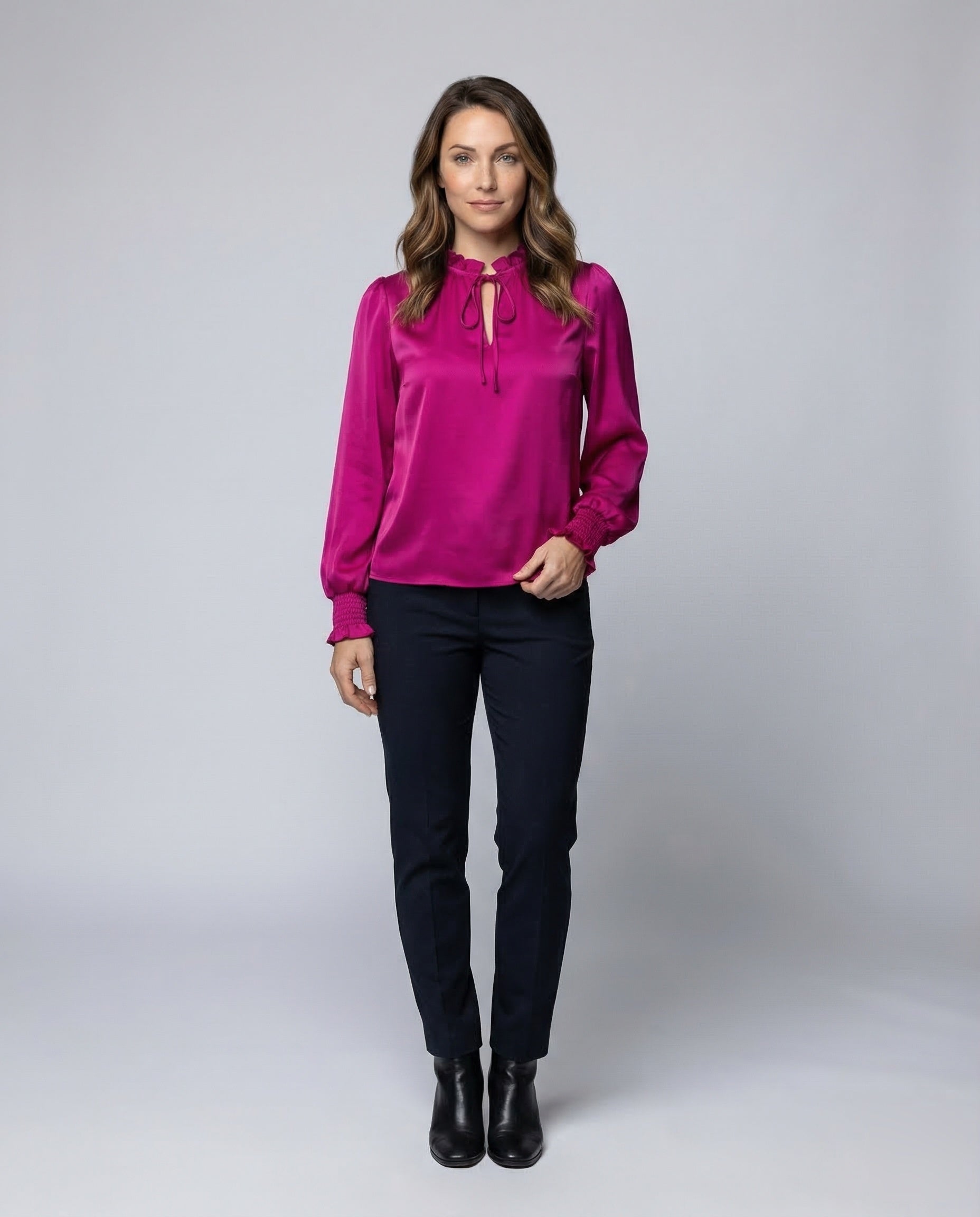 Camicia Donna in Satin Collo Alto con Ruches - Brentozzi