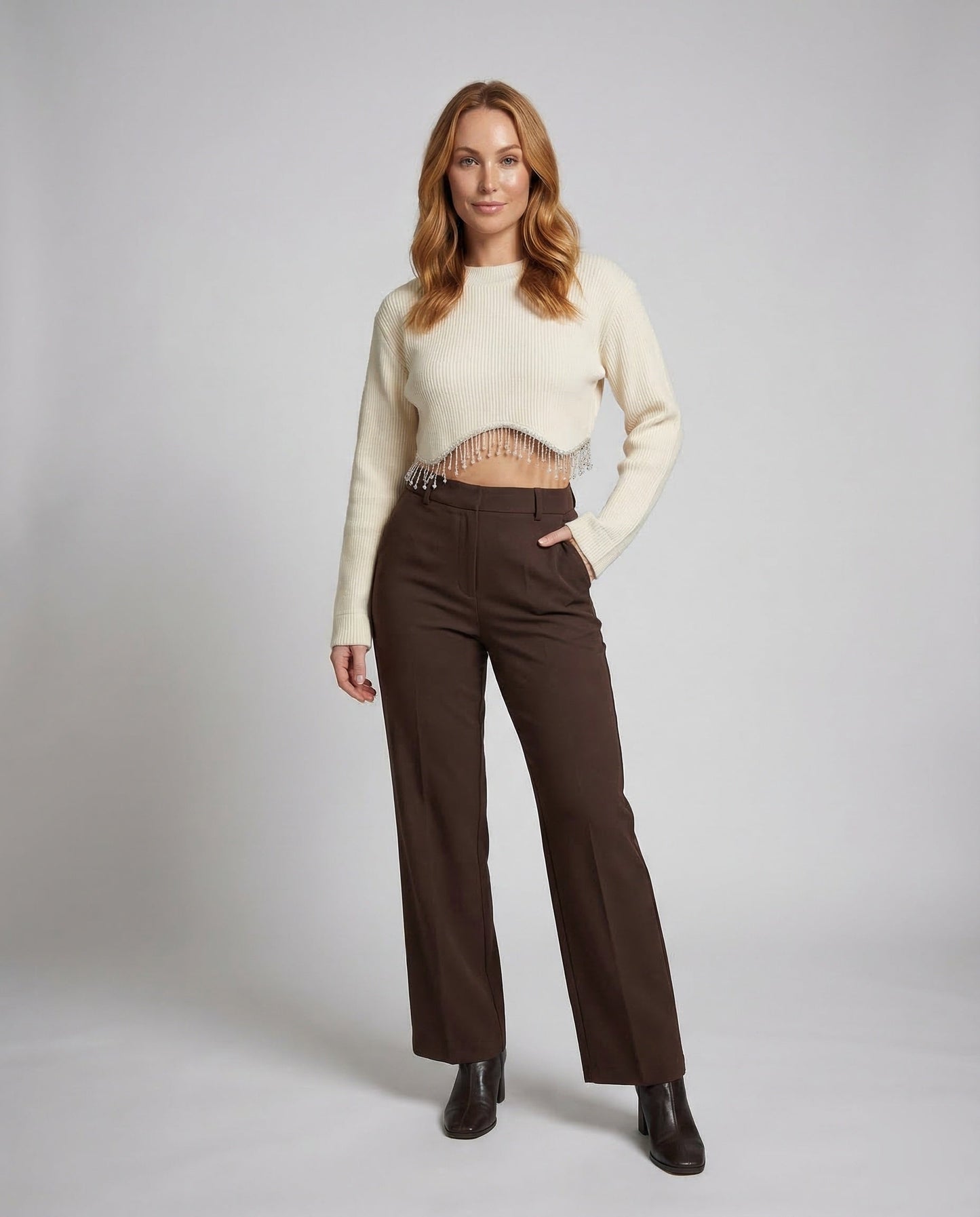 Crop Donna in Maglia Costina con Perline - Brentozzi