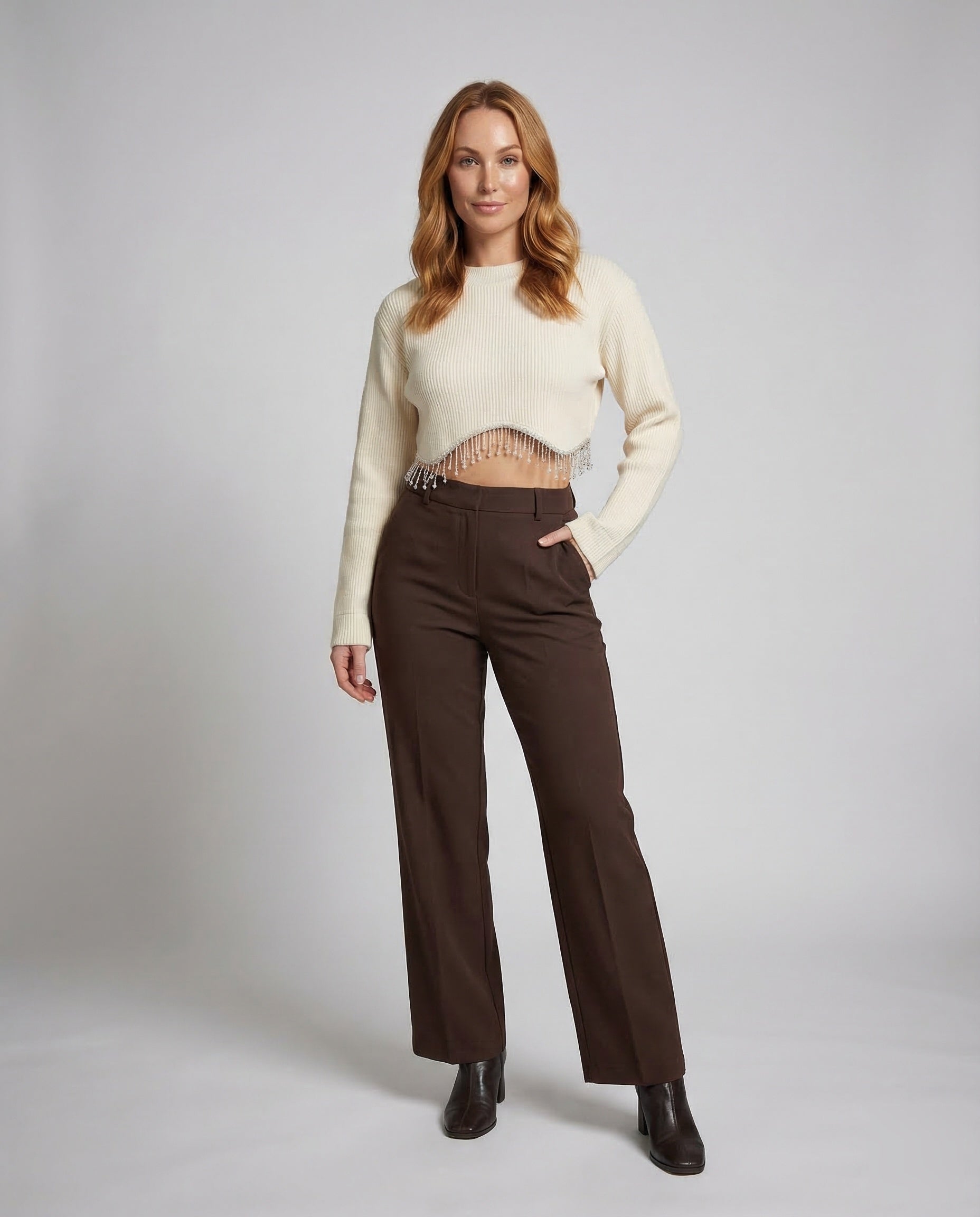 Crop Donna in Maglia Costina con Perline - Brentozzi