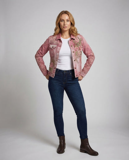 Giacca Jeans Donna Ricamata con Applicazioni Floreali - Brentozzi
