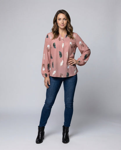 Blusa Donna in Chiffon Stampa Piume Fluida - Brentozzi