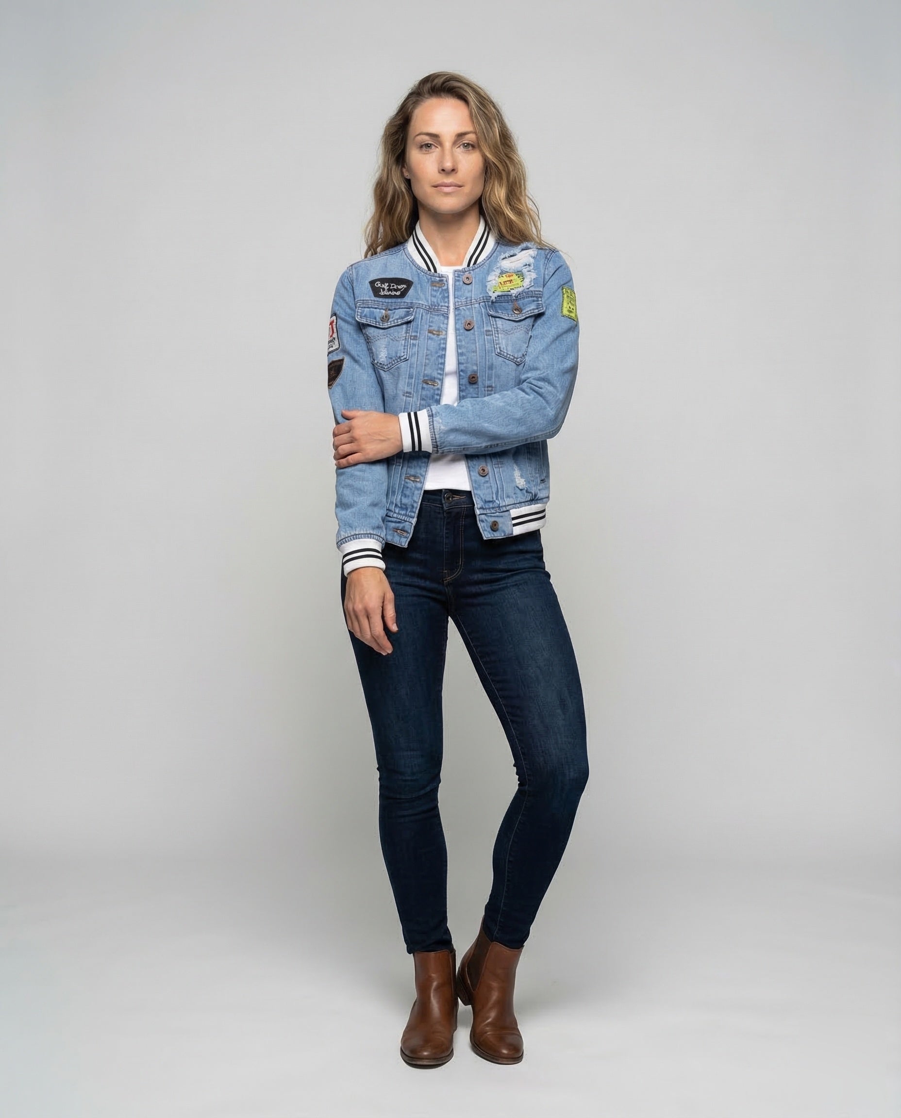 Giacca Bomber Donna in Jeans Patchwork Stile Retrò - Brentozzi